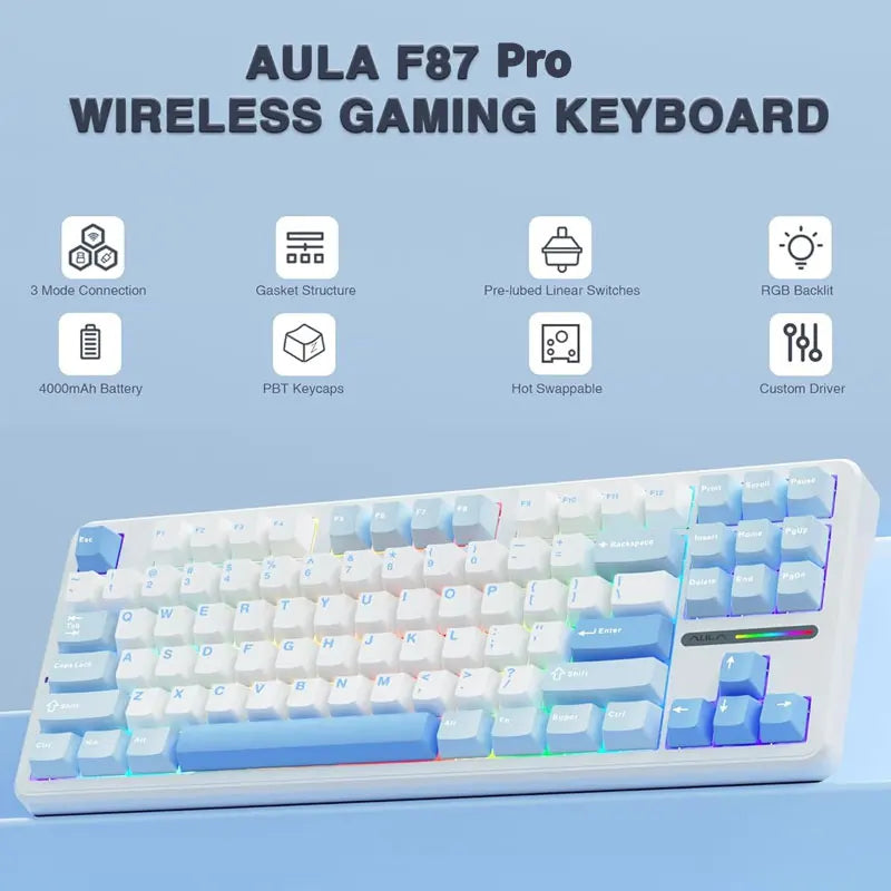 Clavier Mécanique Sans Fil Aula F87 PRO — Triple Mode 2.4G/USB/Bluetooth, RGB, Hotswap
