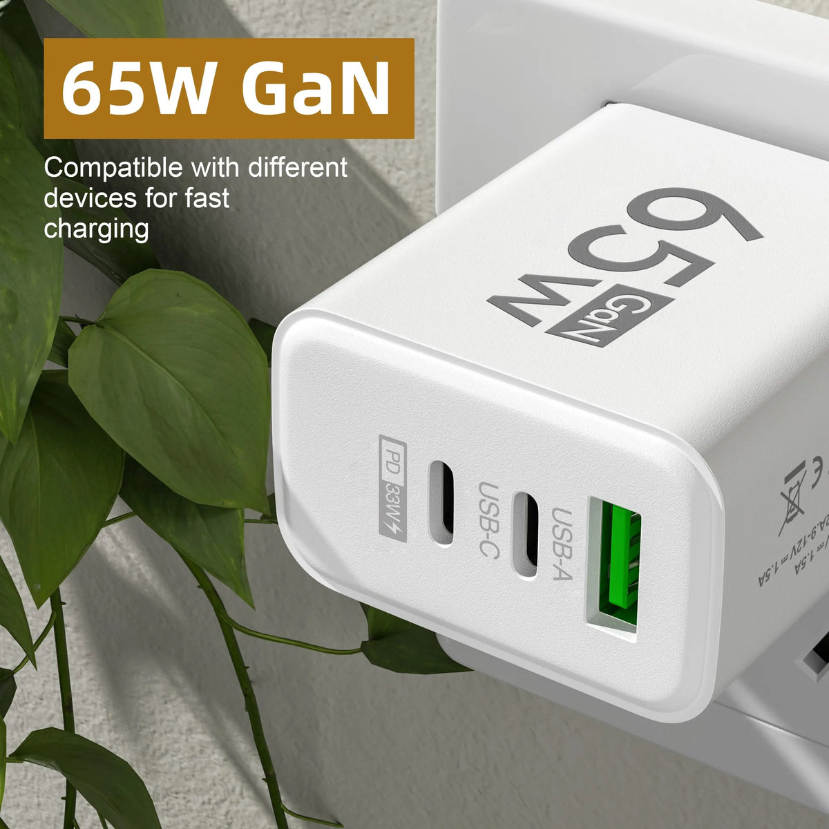 Chargeur GaN 65W USB-C — 3 ports, charge rapide, compatible iPhone & Samsung