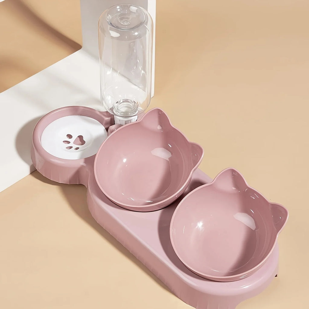 Bol 3-en-1 pour chat — Incliné, distributeur d’eau gravitationnel, protection cervicale