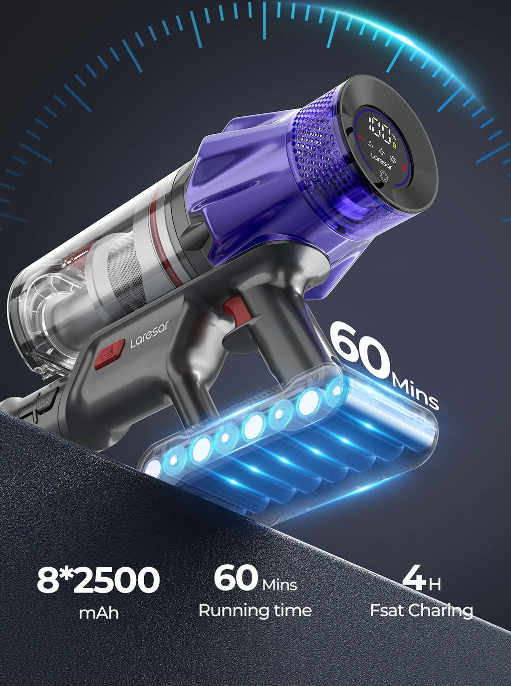 Aspirateur Balai Sans Fil 500W — 50 kPa, 60 min d'autonomie, Batterie Amovible