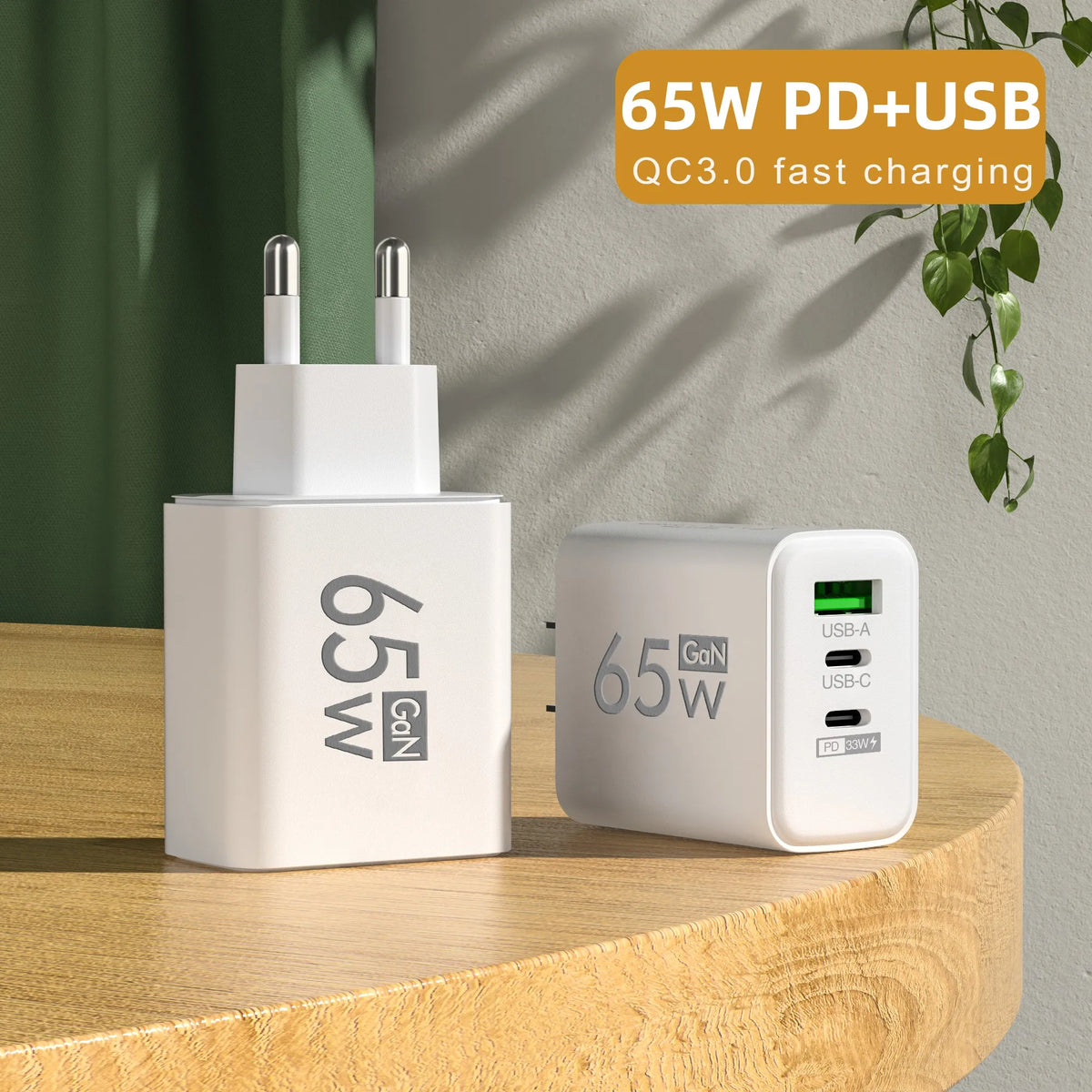 Chargeur GaN 65W USB-C — 3 ports, charge rapide, compatible iPhone & Samsung