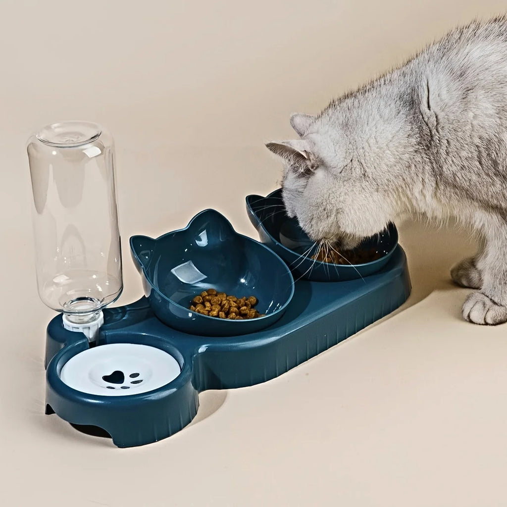 Bol 3-en-1 pour chat — Incliné, distributeur d’eau gravitationnel, protection cervicale