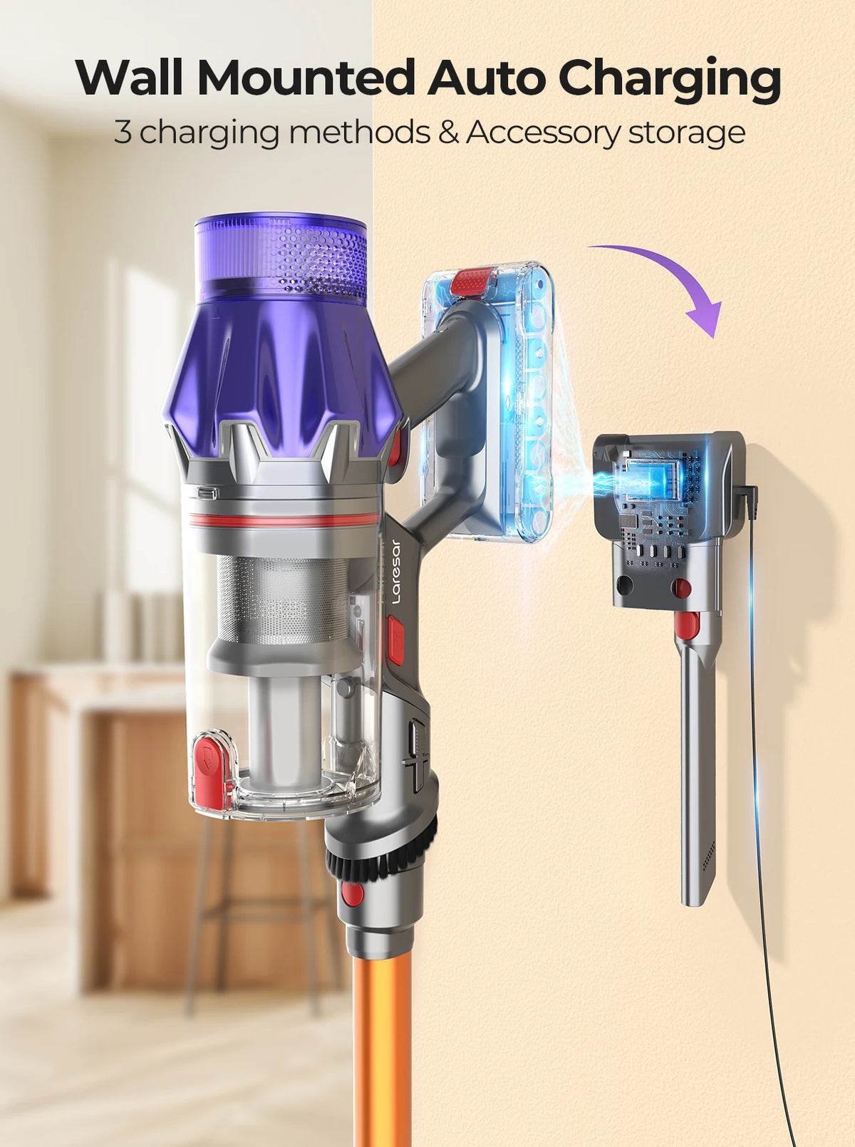 Aspirateur Balai Sans Fil 500W — 50 kPa, Autonomie 60 min, Batterie Amovible