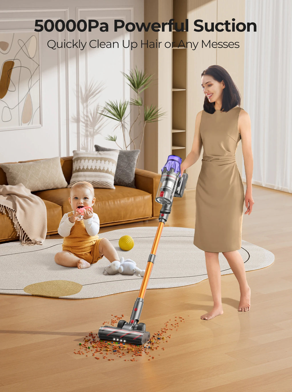 Aspirateur Balai Sans Fil 500W — 50 kPa, 60 min d'autonomie, Batterie Amovible