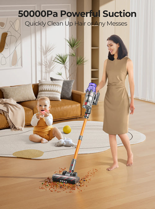 Aspirateur Balai Sans Fil 500W — 50 kPa, Autonomie 60 min, Batterie Amovible