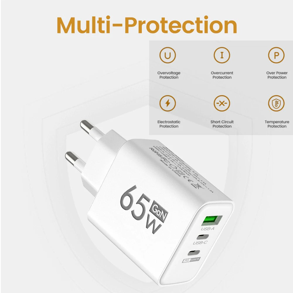 Chargeur GaN 65W USB-C — 3 ports, charge rapide, compatible iPhone & Samsung