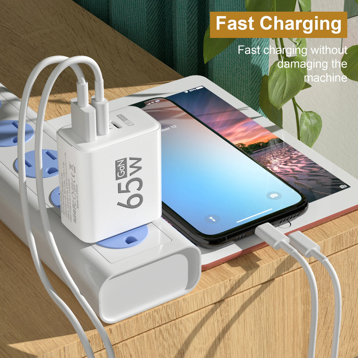 Chargeur GaN 65W USB-C — 3 ports, charge rapide, compatible iPhone & Samsung