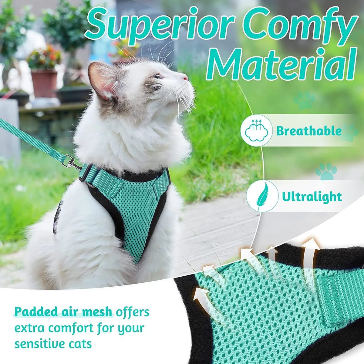 Harnais et Laisse pour Chat — Ajustable, Sécuritaire, Confortable pour les Promenades