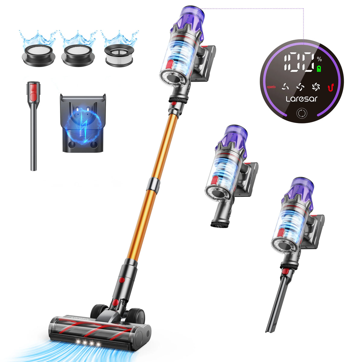 Aspirateur Balai Sans Fil 500W — 50 kPa, Autonomie 60 min, Batterie Amovible